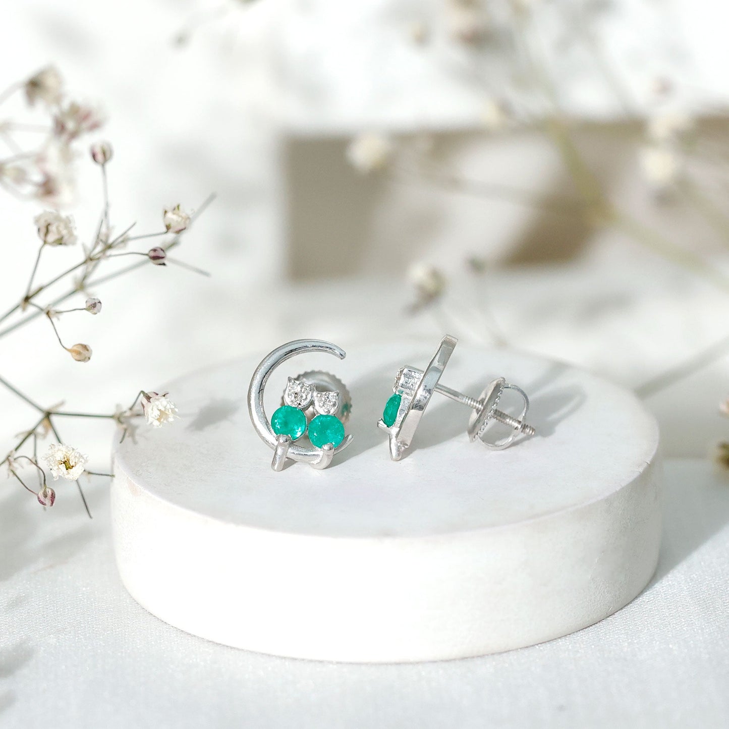 Genuine Emerald and Diamond Cat and Moon Stud Earrings