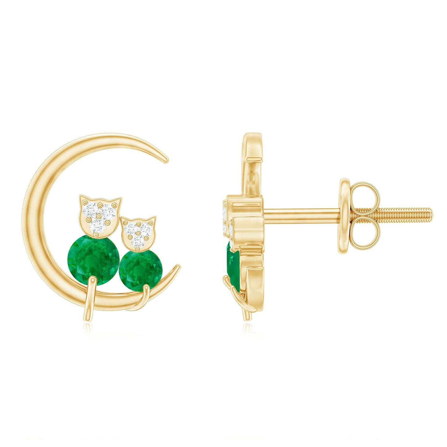 Genuine Emerald and Diamond Cat and Moon Stud Earrings