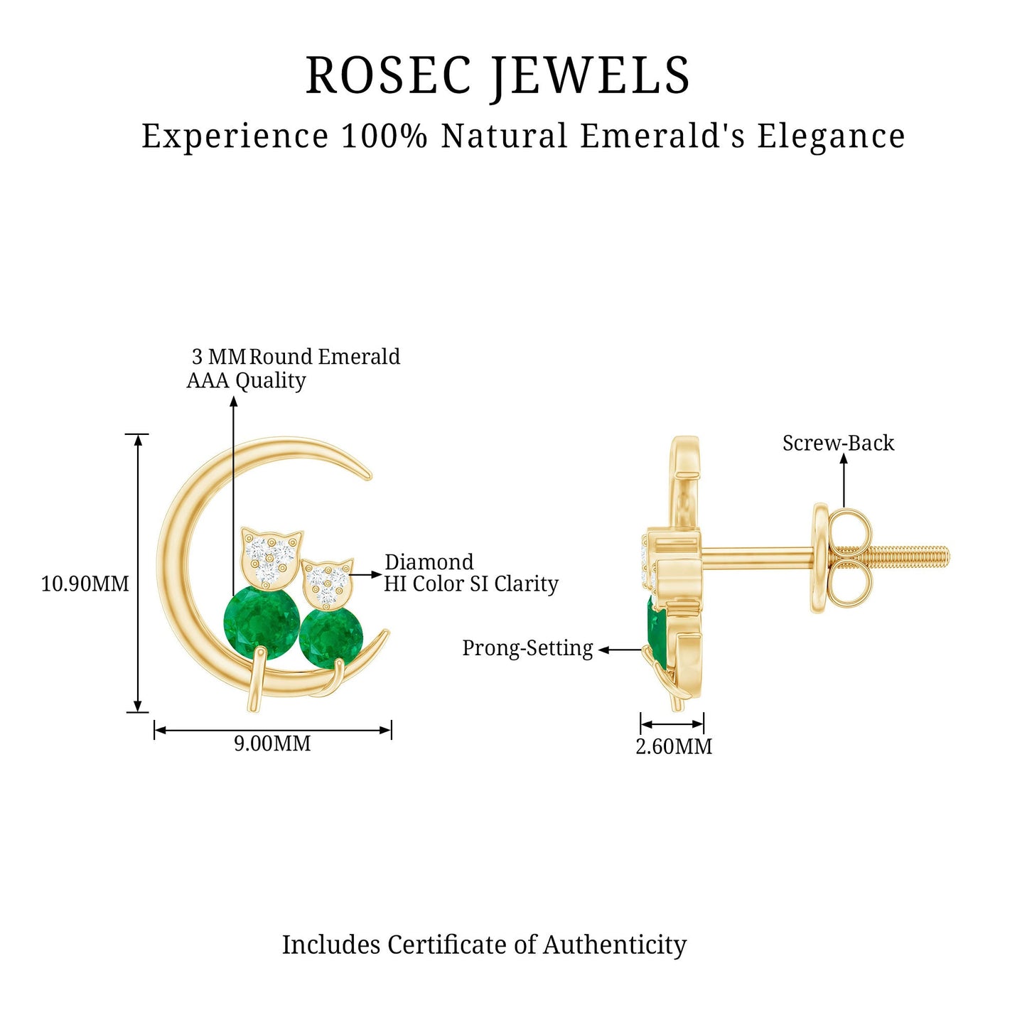 Genuine Emerald and Diamond Cat and Moon Stud Earrings