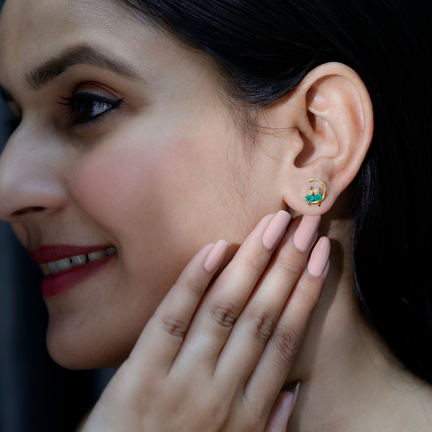 Genuine Emerald and Diamond Cat and Moon Stud Earrings
