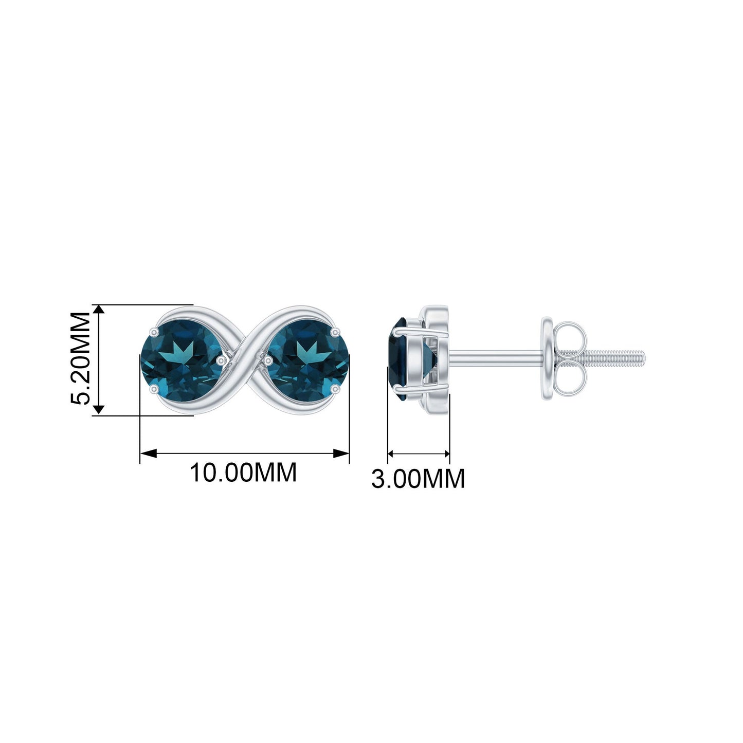 2.4 Carat Simple London Blue Topaz Two Stone Infinity Stud Earrings