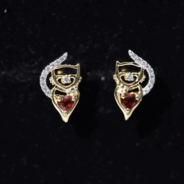 Heart Shape Garnet and Diamond Cat Stud Earrings