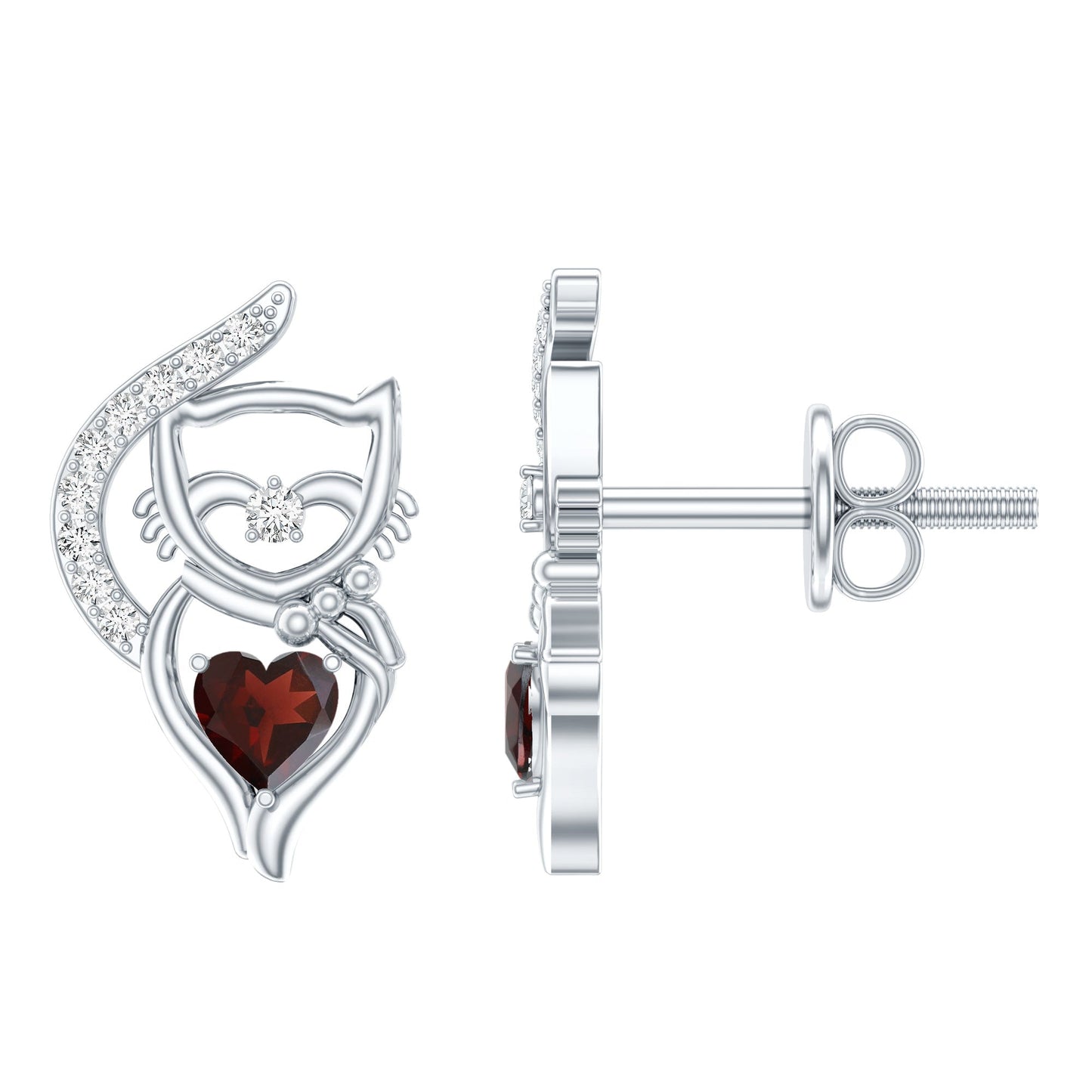 Heart Shape Garnet and Diamond Cat Stud Earrings