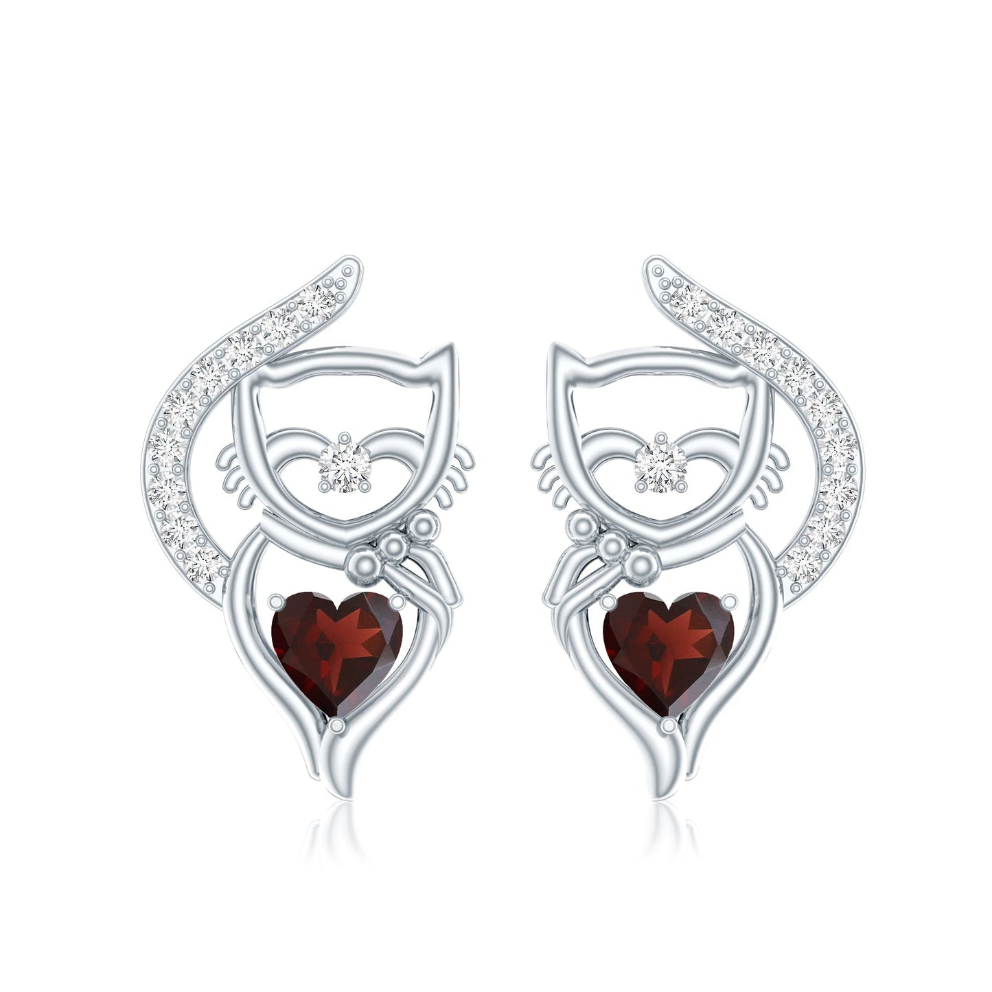 Heart Shape Garnet and Diamond Cat Stud Earrings