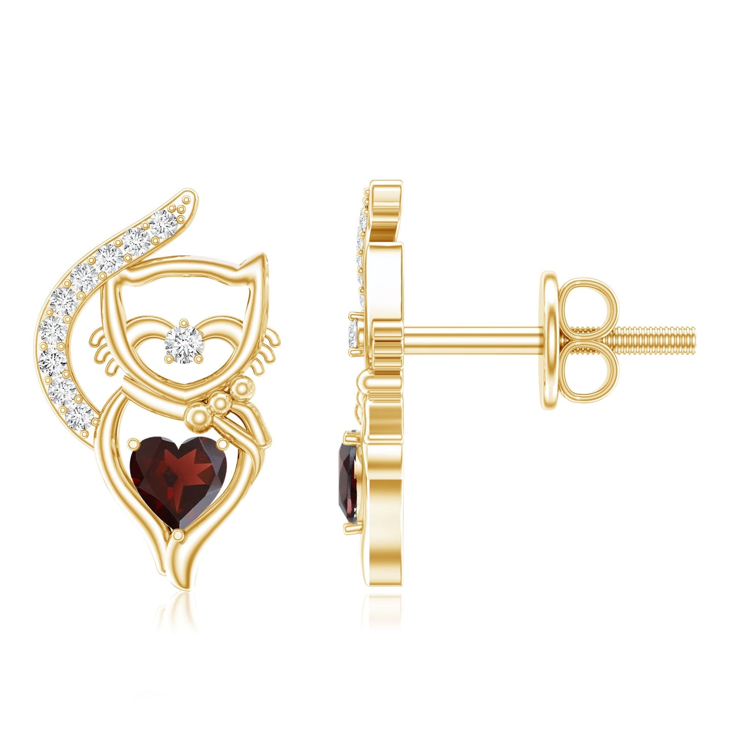 Heart Shape Garnet and Diamond Cat Stud Earrings