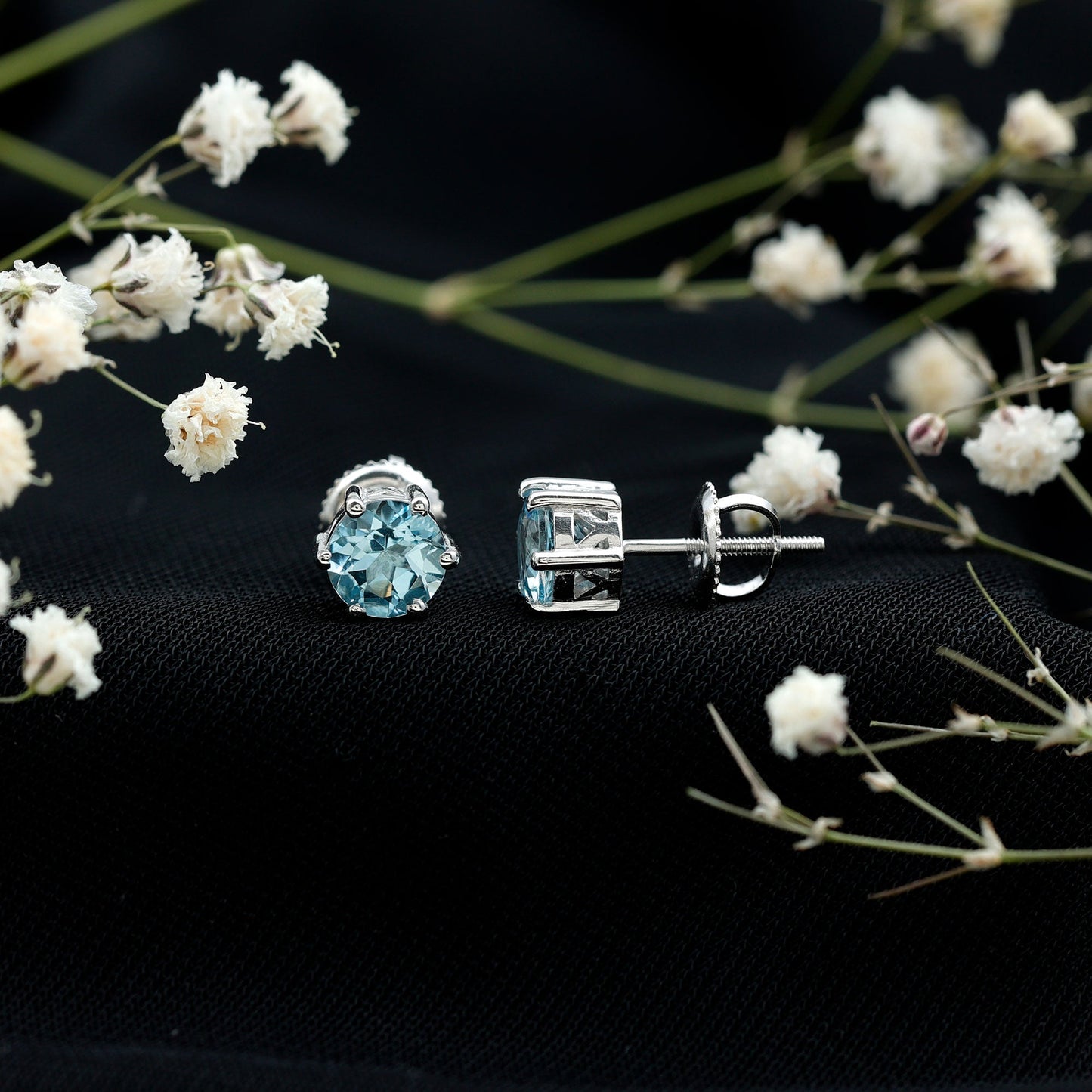 1.6 Carat Round Aquamarine Solitaire Stud Earrings