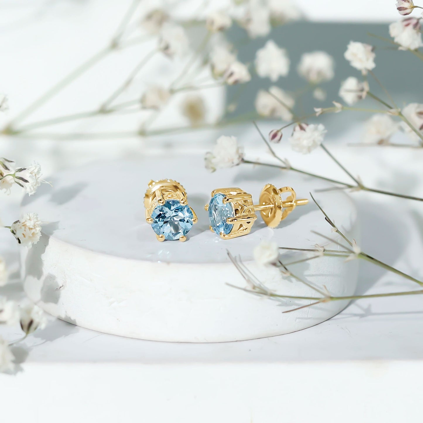 1.6 Carat Round Aquamarine Solitaire Stud Earrings