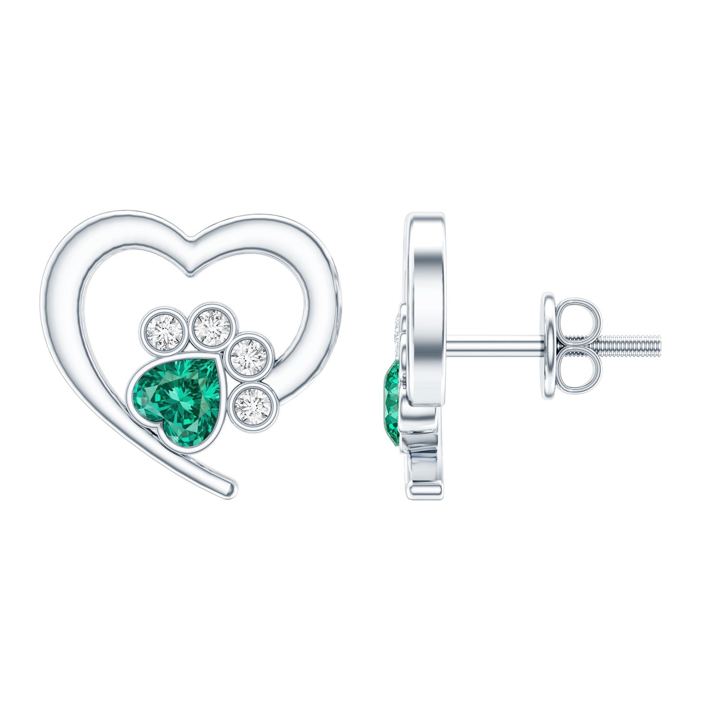 Lab Created Emerald and Moissanite Heart Paw Stud Earrings