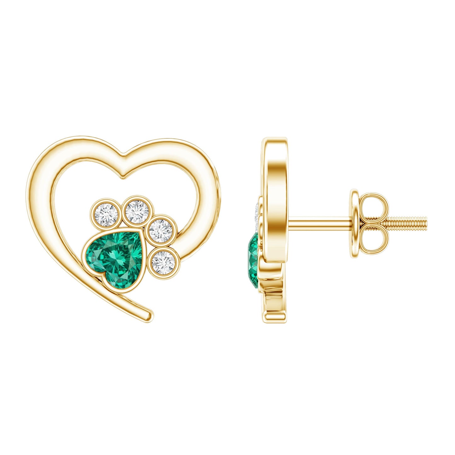Lab Created Emerald and Moissanite Heart Paw Stud Earrings