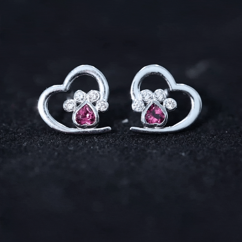 Heart Shape Pink Tourmaline and Diamond Dog Paw Stud Earrings