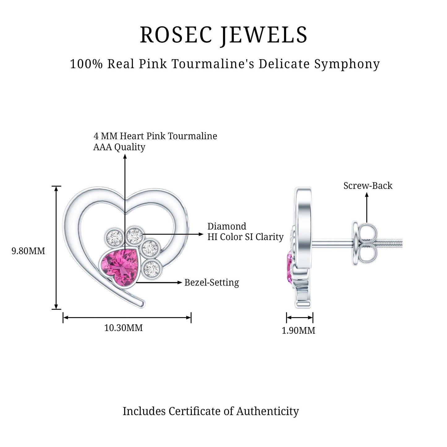 Heart Shape Pink Tourmaline and Diamond Dog Paw Stud Earrings