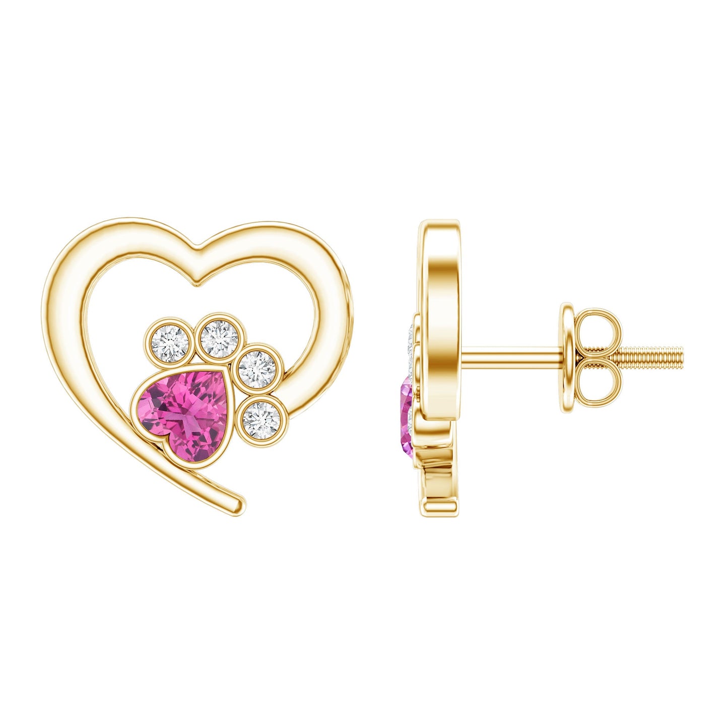 Heart Shape Pink Tourmaline and Diamond Dog Paw Stud Earrings