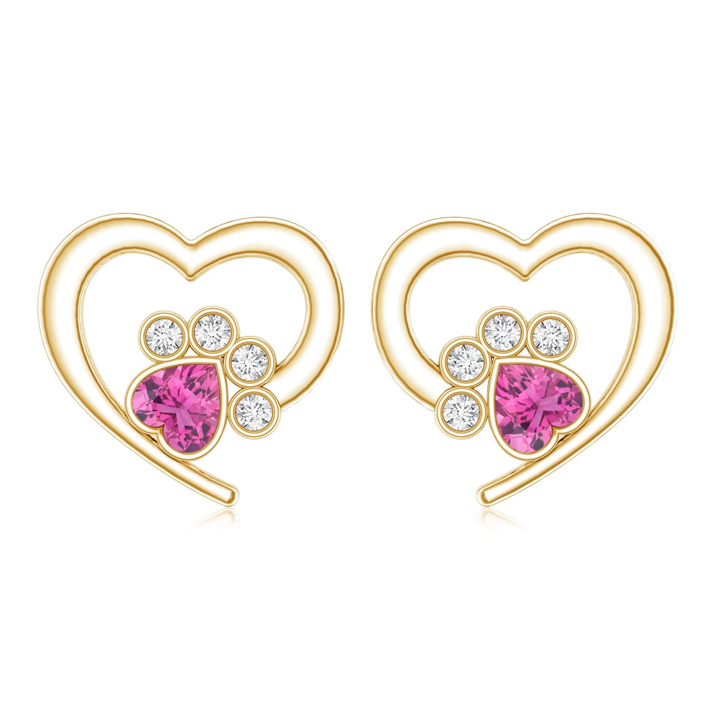 Heart Shape Pink Tourmaline and Diamond Dog Paw Stud Earrings