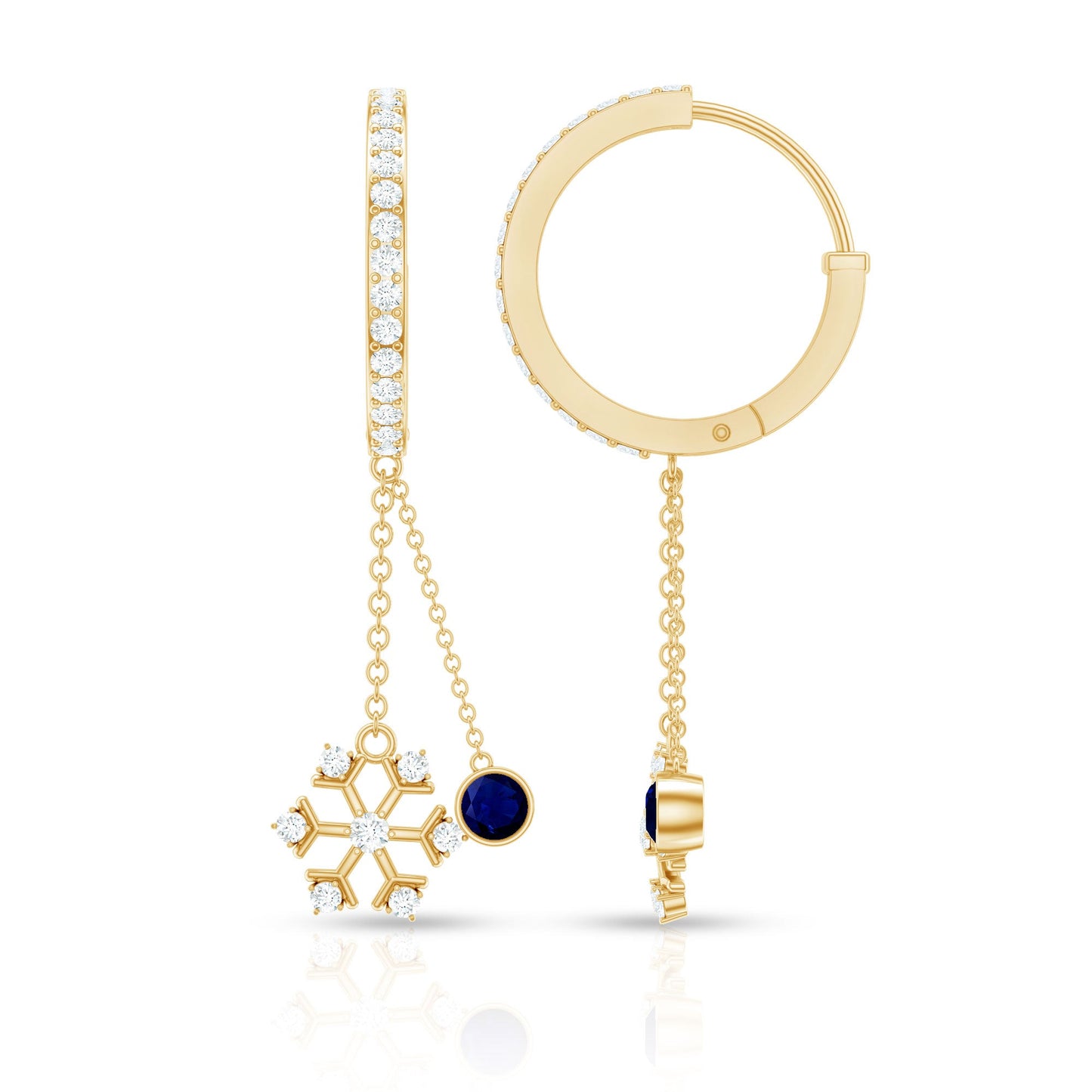 Real Blue Sapphire and Diamond Snowflake Dangle Hoop Earrings