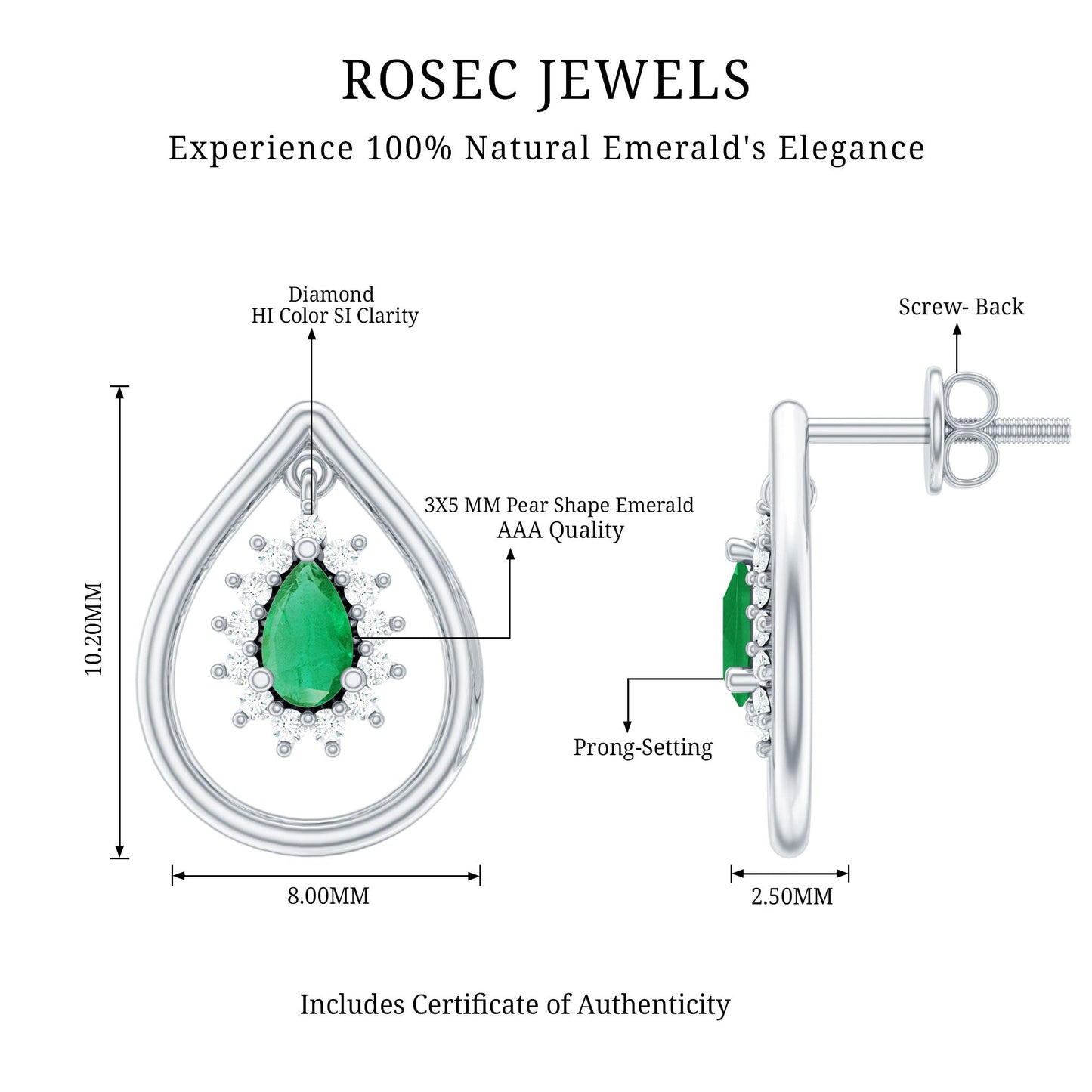 Real Emerald Teardrop Stud Earrings with Diamond Halo