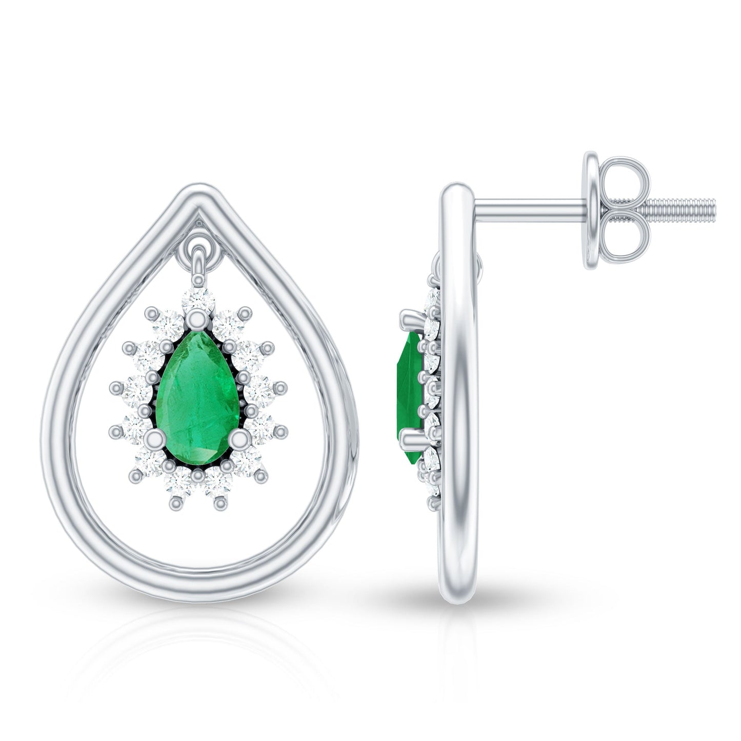 Real Emerald Teardrop Stud Earrings with Diamond Halo