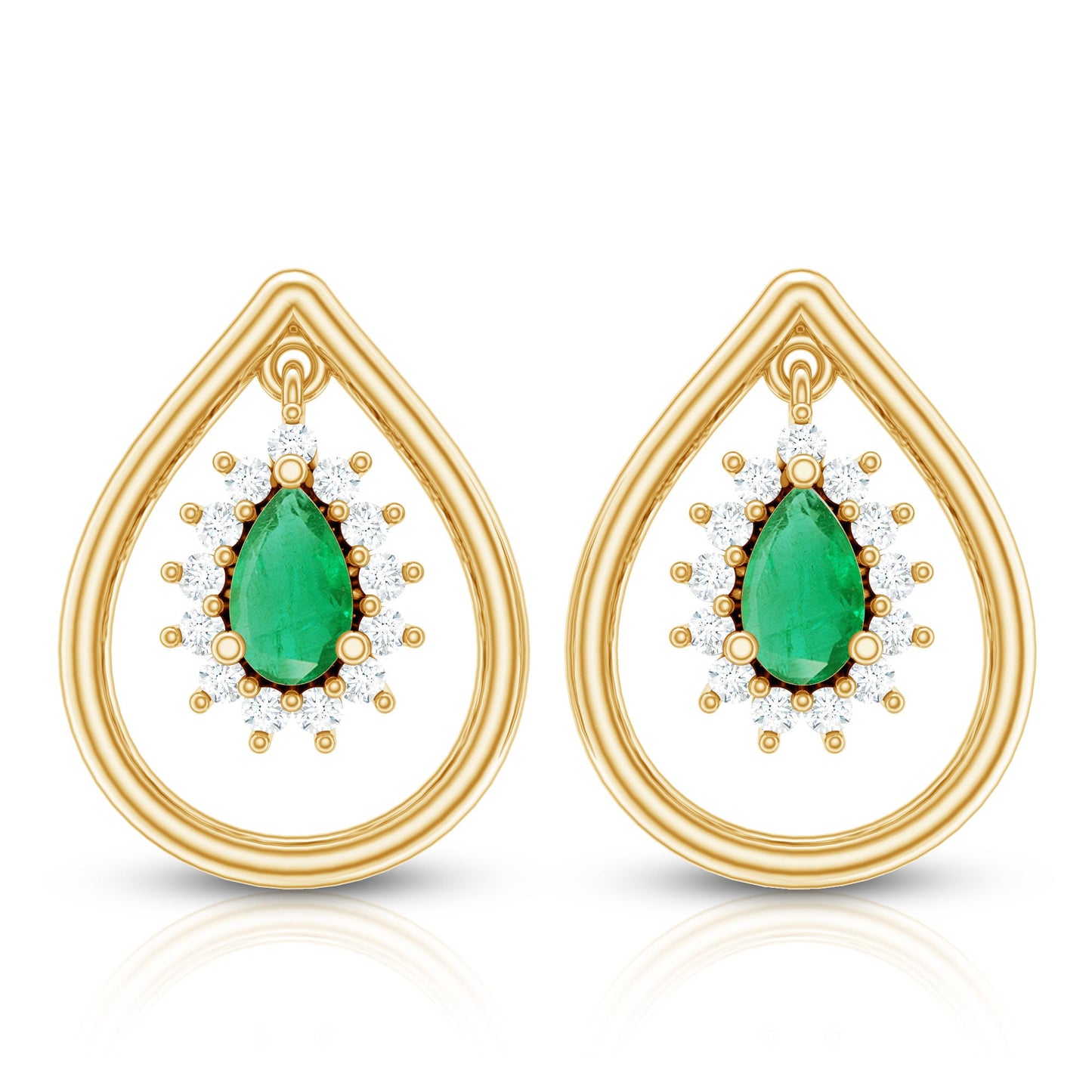 Real Emerald Teardrop Stud Earrings with Diamond Halo