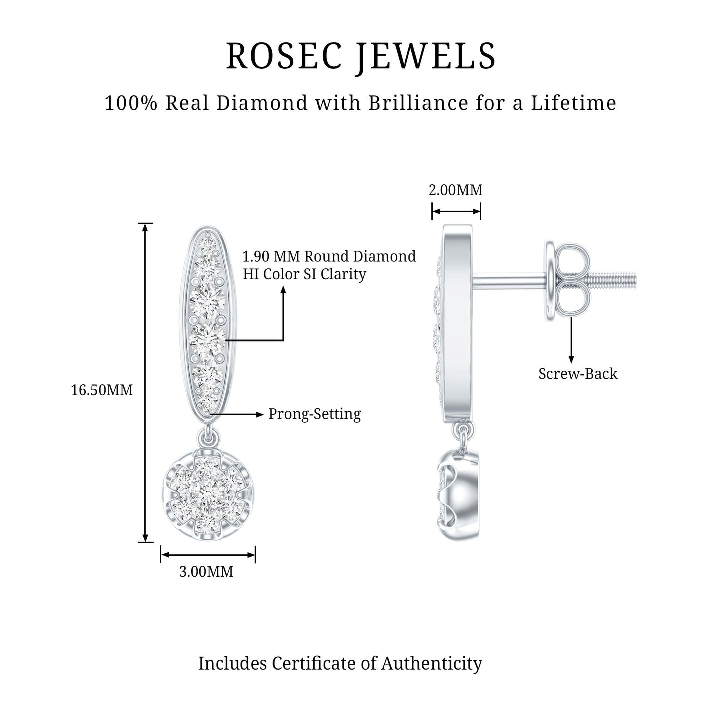 Real Diamond Bar Drop Earrings for Women