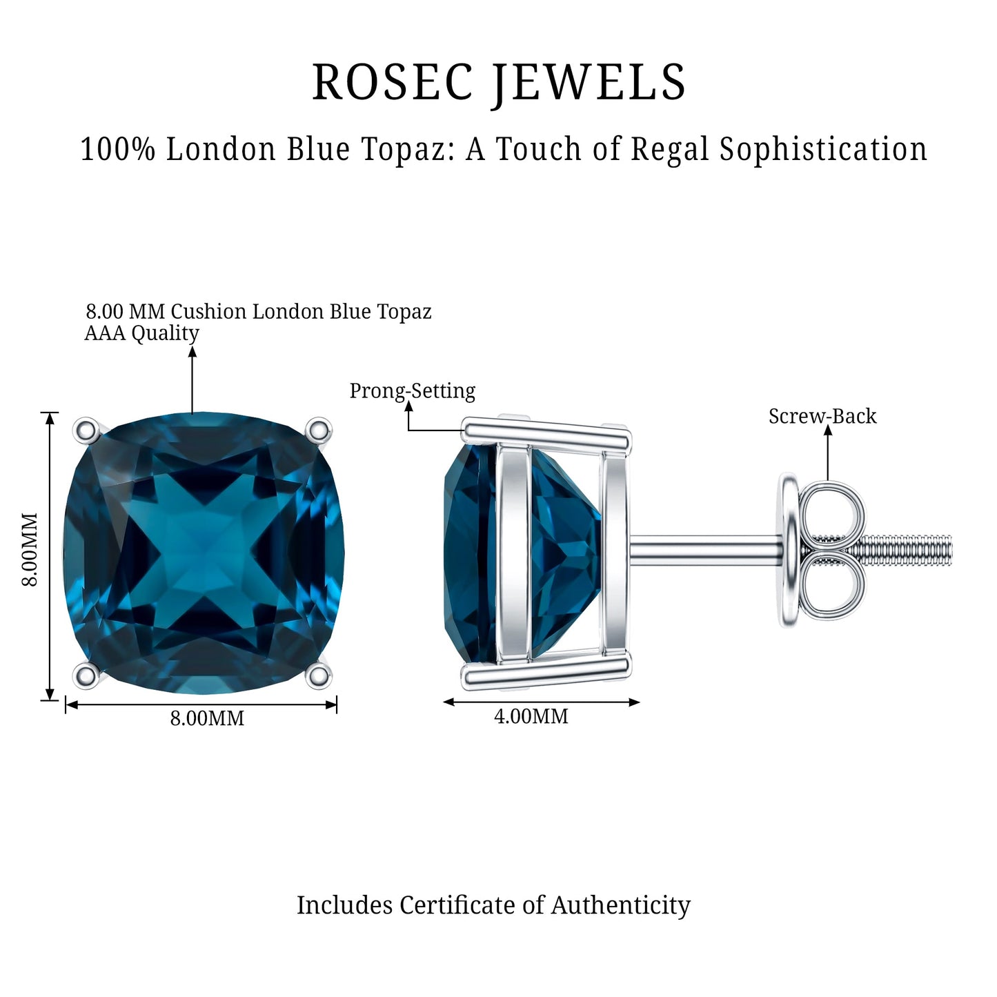 5.6 Carat Cushion Cut London Blue Topaz Stud Earrings