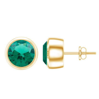 Certified Lab Created Emerald Stud Earrings in Bezel Setting
