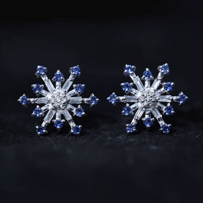 Lab Grown Blue Sapphire and Diamond Snowflake Stud Earrings