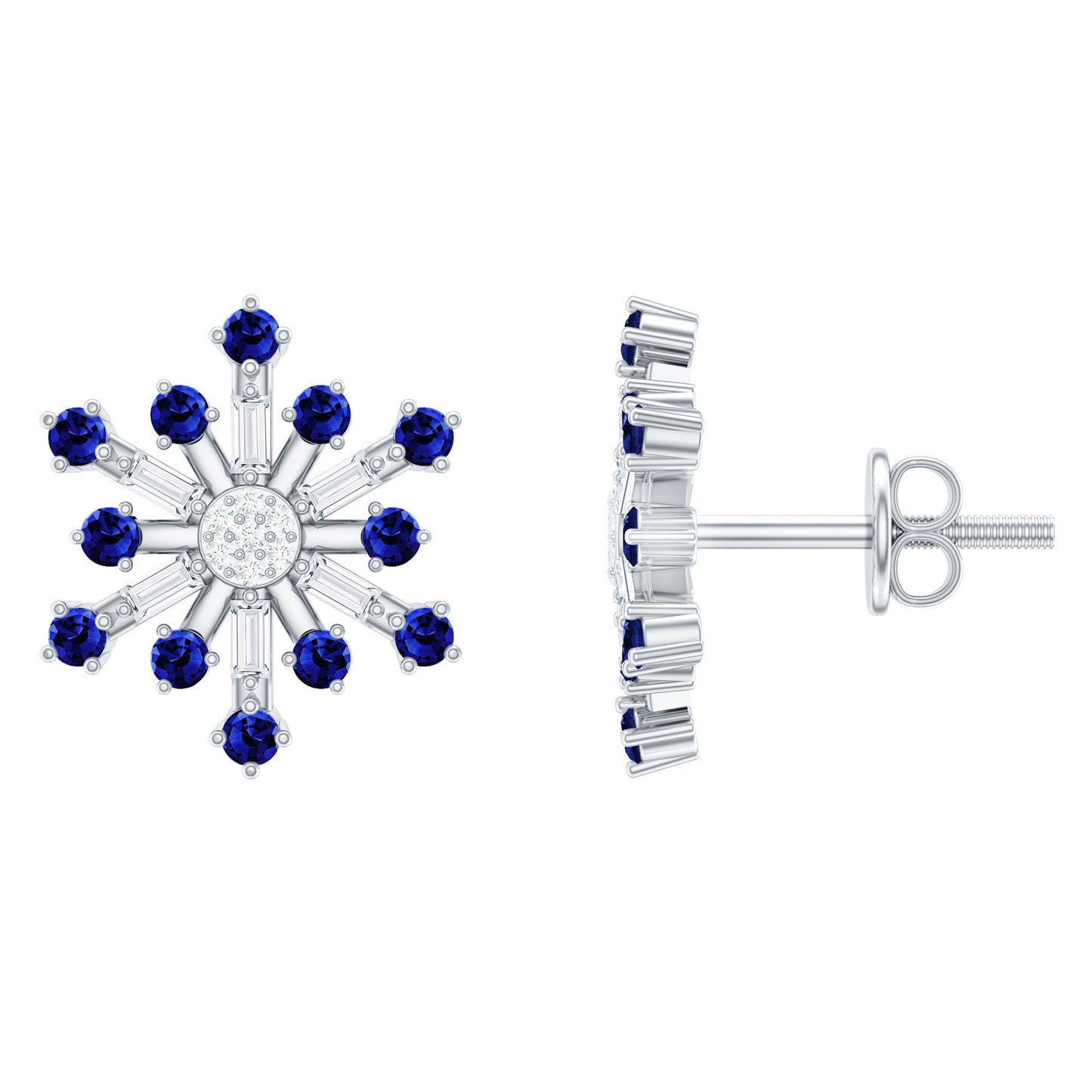 Lab Grown Blue Sapphire and Diamond Snowflake Stud Earrings