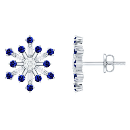 Lab Grown Blue Sapphire and Diamond Snowflake Stud Earrings