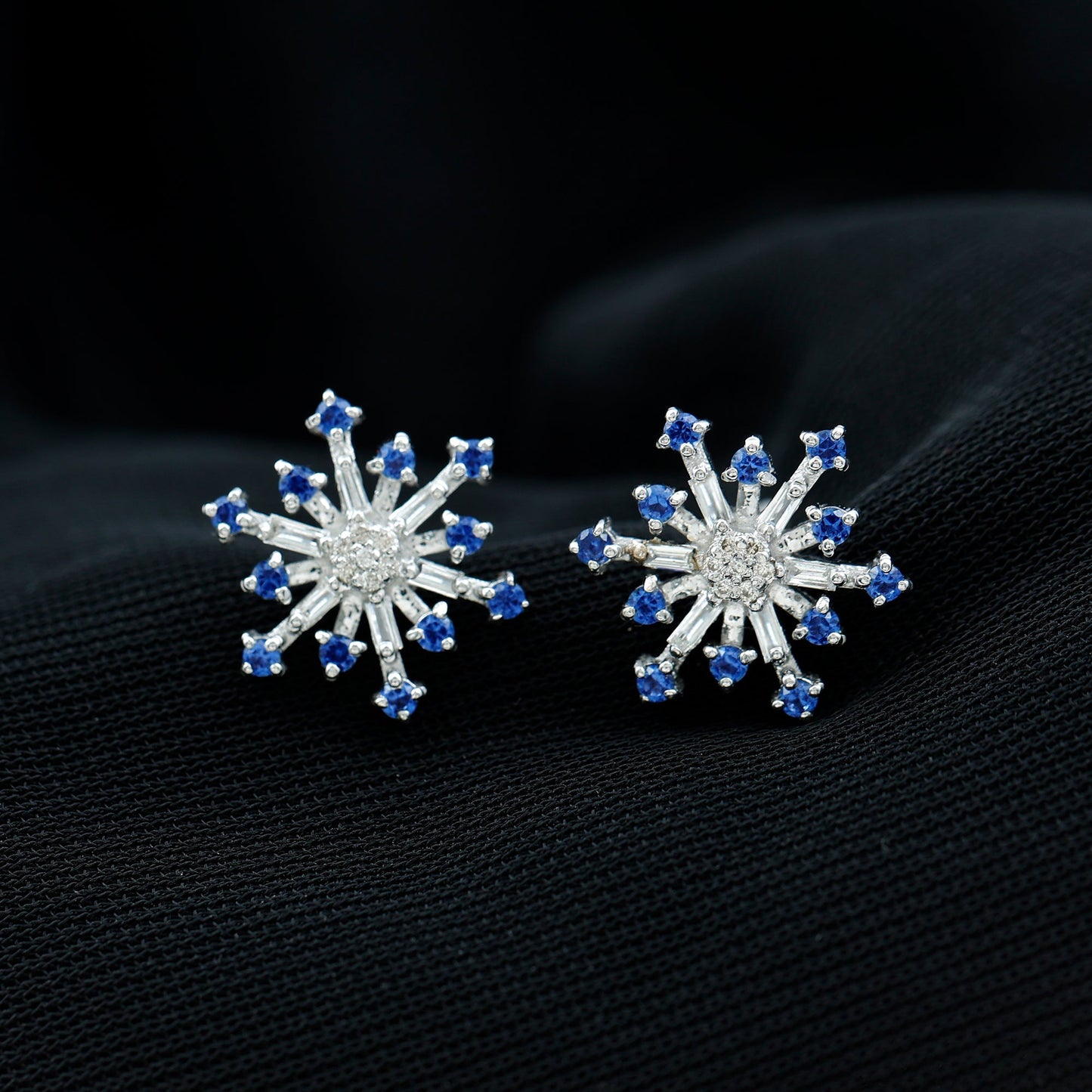 Lab Grown Blue Sapphire and Diamond Snowflake Stud Earrings