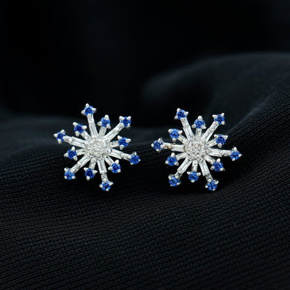 Lab Grown Blue Sapphire and Diamond Snowflake Stud Earrings