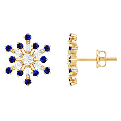 Lab Grown Blue Sapphire and Diamond Snowflake Stud Earrings