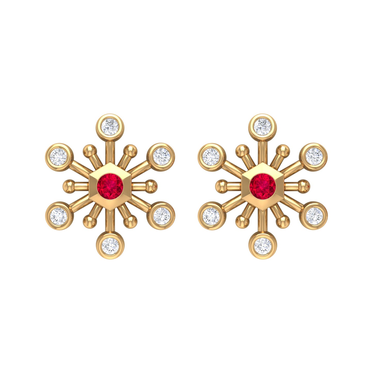 Created Ruby and Diamond Snowflake Contemporary Stud Earrings