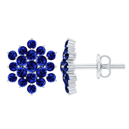 Snowflake Looking Lab Grown Blue Sapphire Cluster Stud Earrings