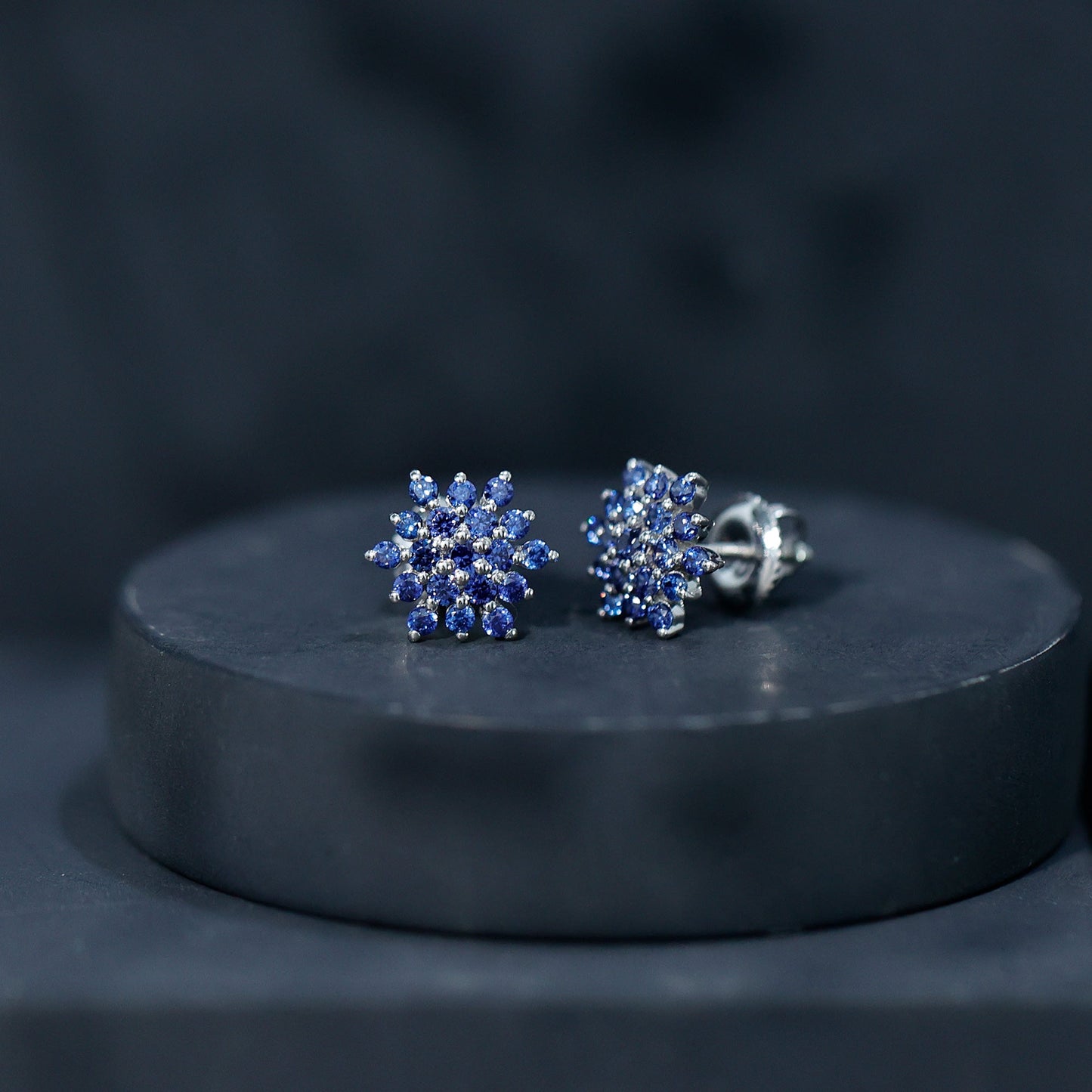 Snowflake Looking Lab Grown Blue Sapphire Cluster Stud Earrings