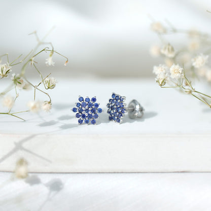 Snowflake Looking Lab Grown Blue Sapphire Cluster Stud Earrings