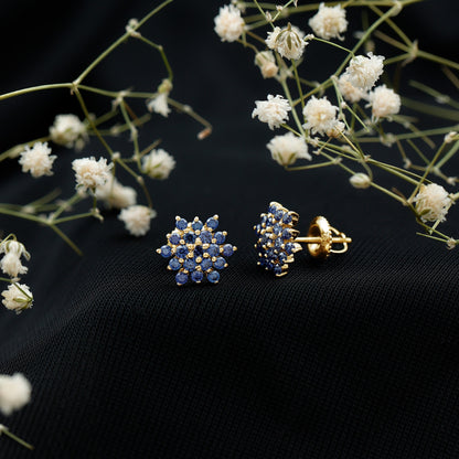 Snowflake Looking Lab Grown Blue Sapphire Cluster Stud Earrings