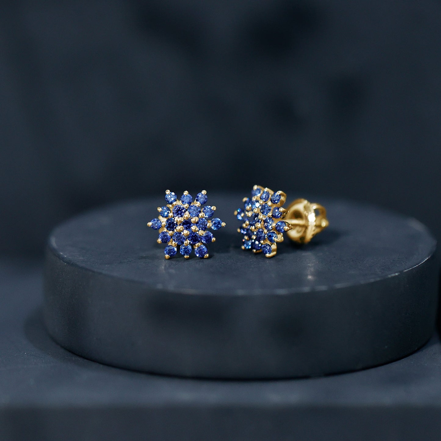 Snowflake Looking Lab Grown Blue Sapphire Cluster Stud Earrings