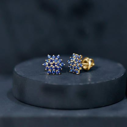 Snowflake Looking Lab Grown Blue Sapphire Cluster Stud Earrings