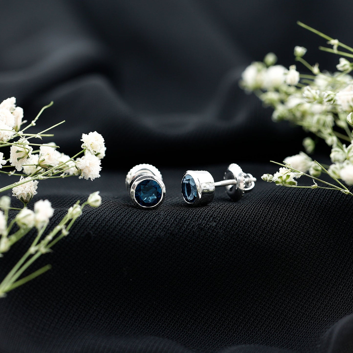 1.2 Carat Round Cut London Blue Topaz Solitaire Stud Earrings in Bezel Setting