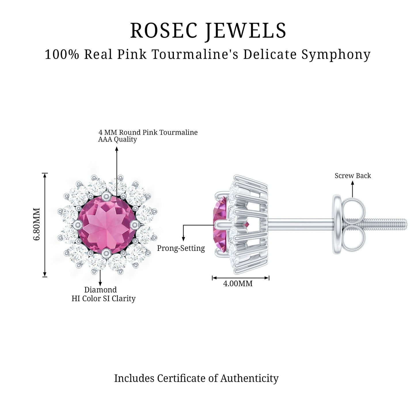 Natural Pink Tourmaline Stud Earrings with Diamond Halo