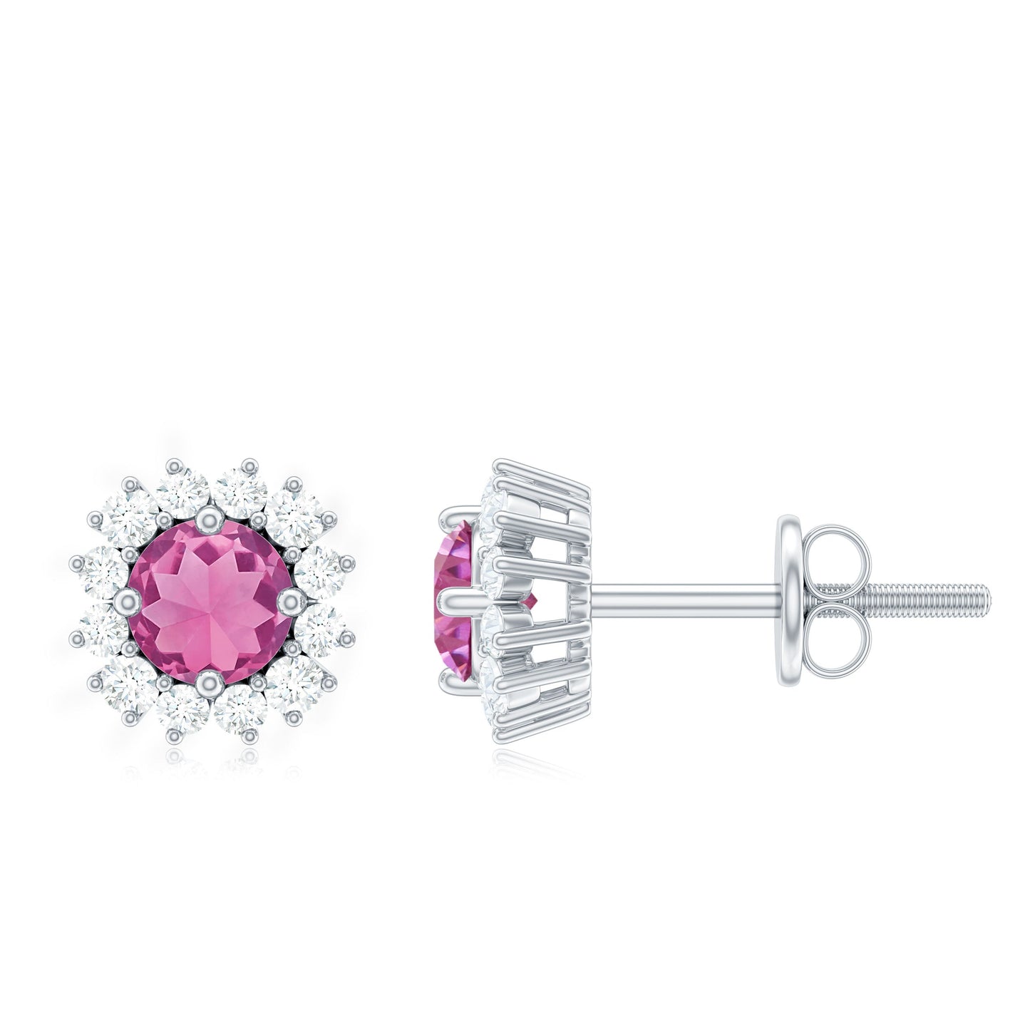 Natural Pink Tourmaline Stud Earrings with Diamond Halo