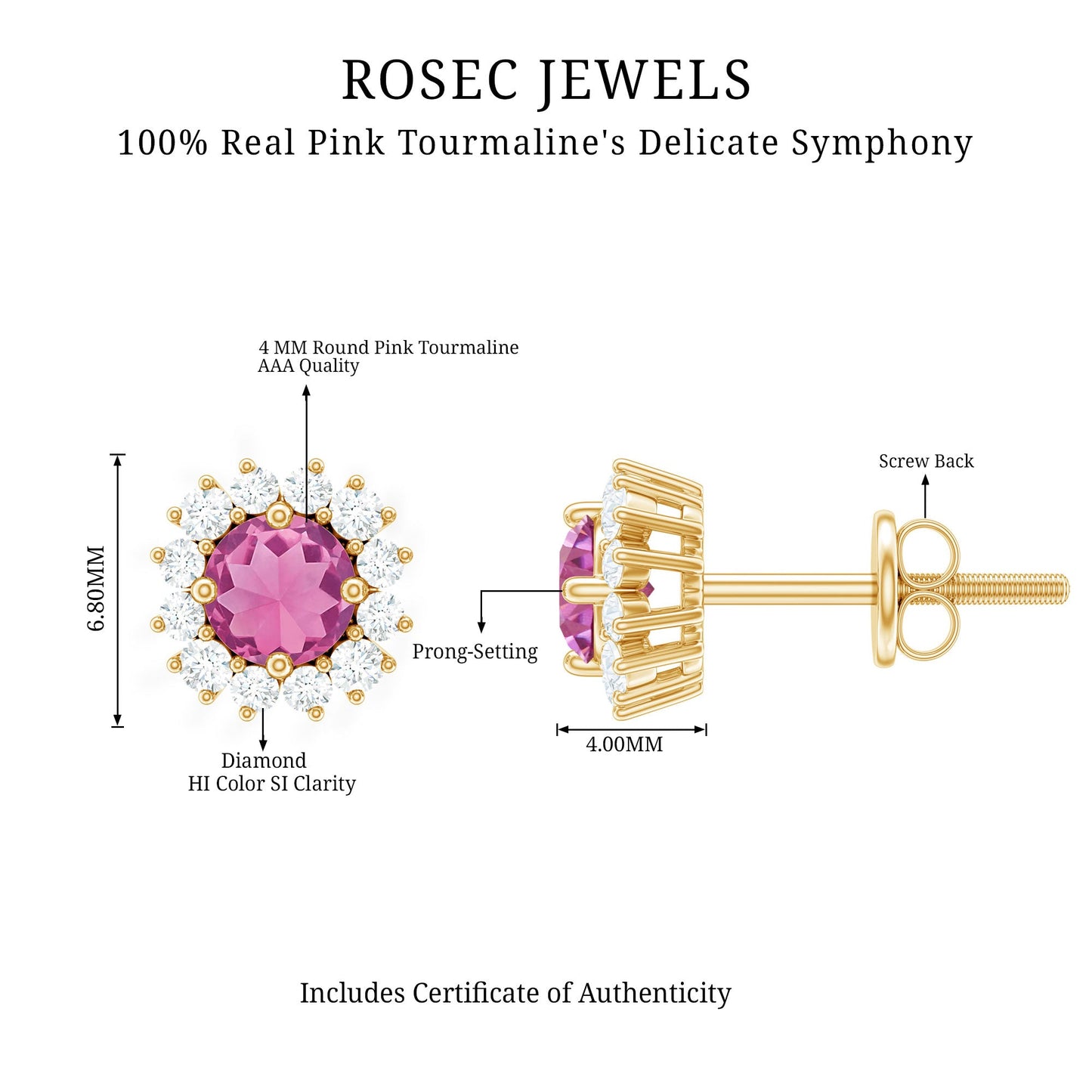 Natural Pink Tourmaline Stud Earrings with Diamond Halo