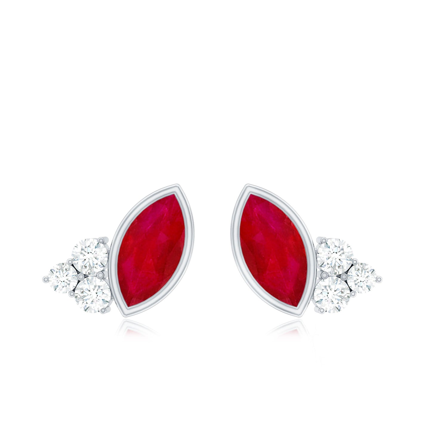 Marquise Cut Ruby Stud Earrings with Diamond Trio