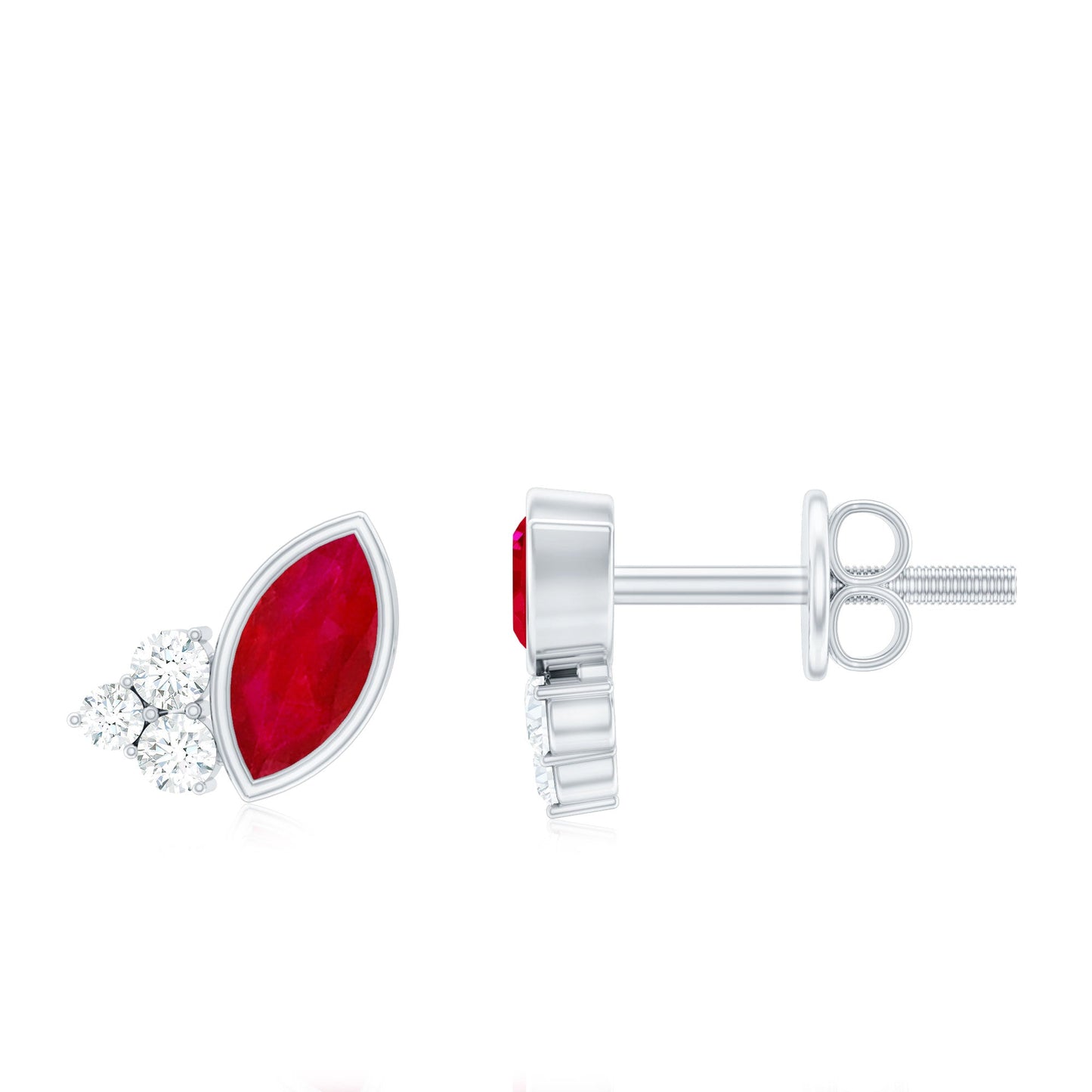 Marquise Cut Ruby Stud Earrings with Diamond Trio