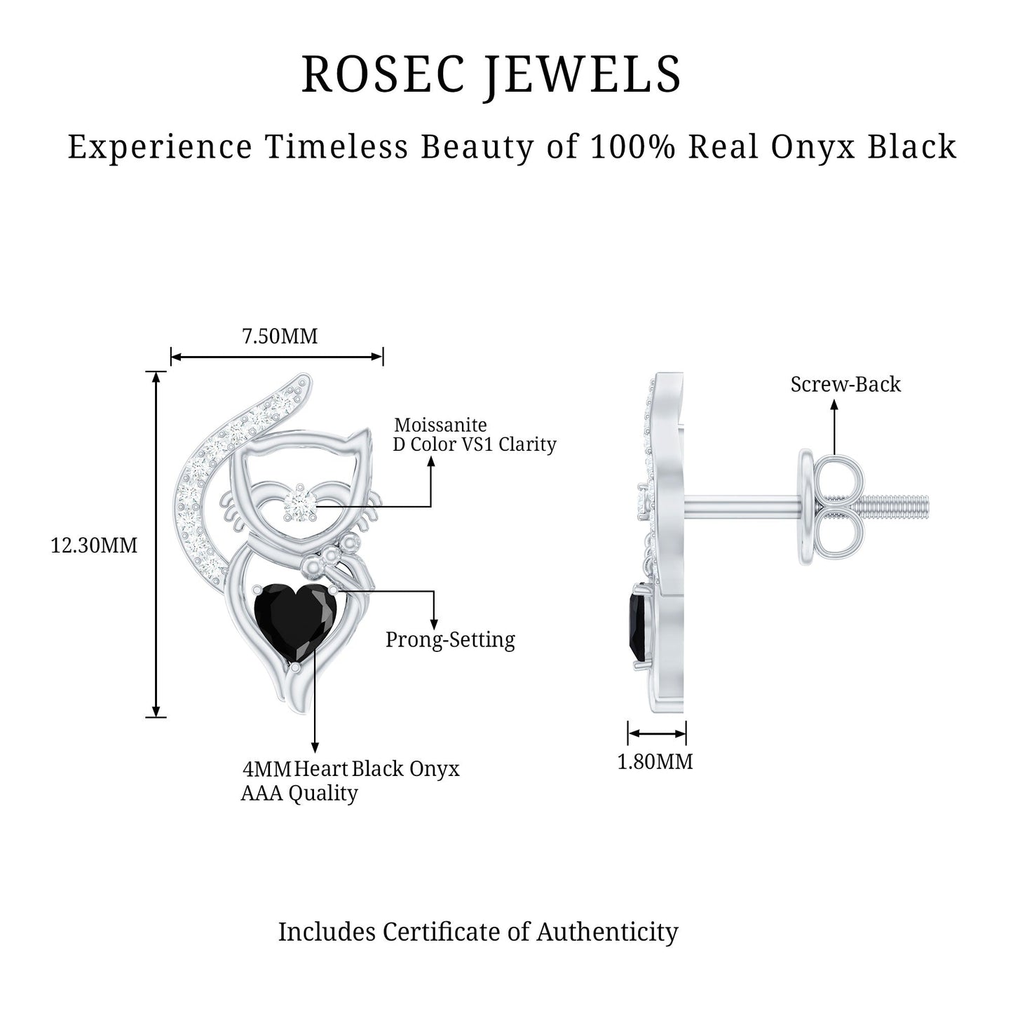 Heart Shape Black Onyx and Diamond Cat Stud Earrings