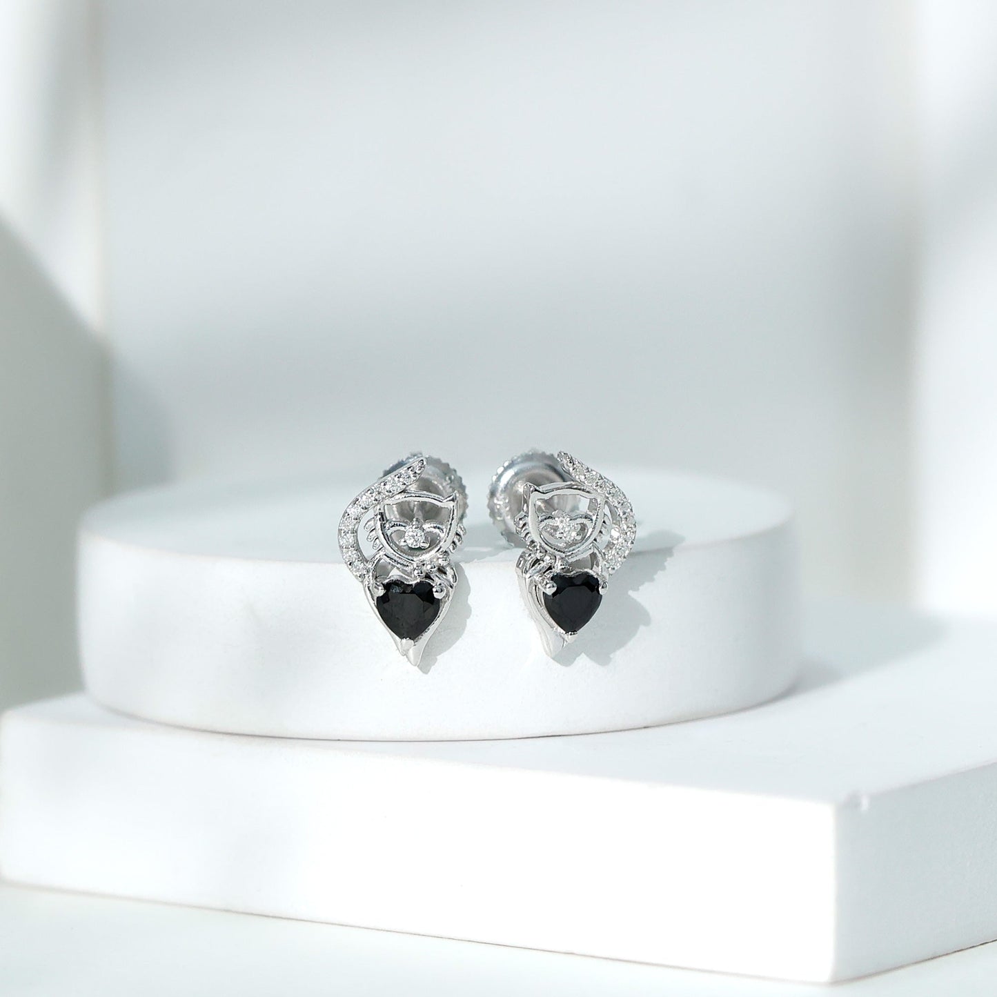 Heart Shape Black Onyx and Diamond Cat Stud Earrings