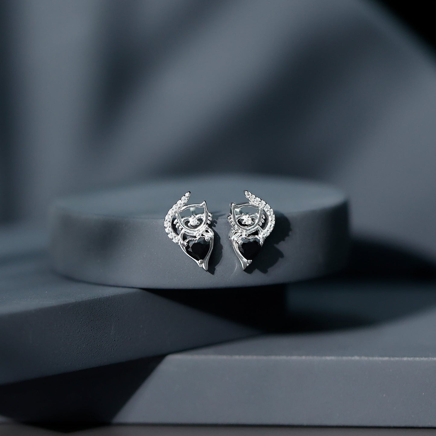 Heart Shape Black Onyx and Diamond Cat Stud Earrings