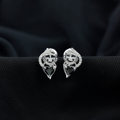 Heart Shape Black Onyx and Diamond Cat Stud Earrings