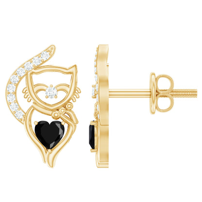 Heart Shape Black Onyx and Diamond Cat Stud Earrings
