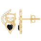 Heart Shape Black Onyx and Diamond Cat Stud Earrings