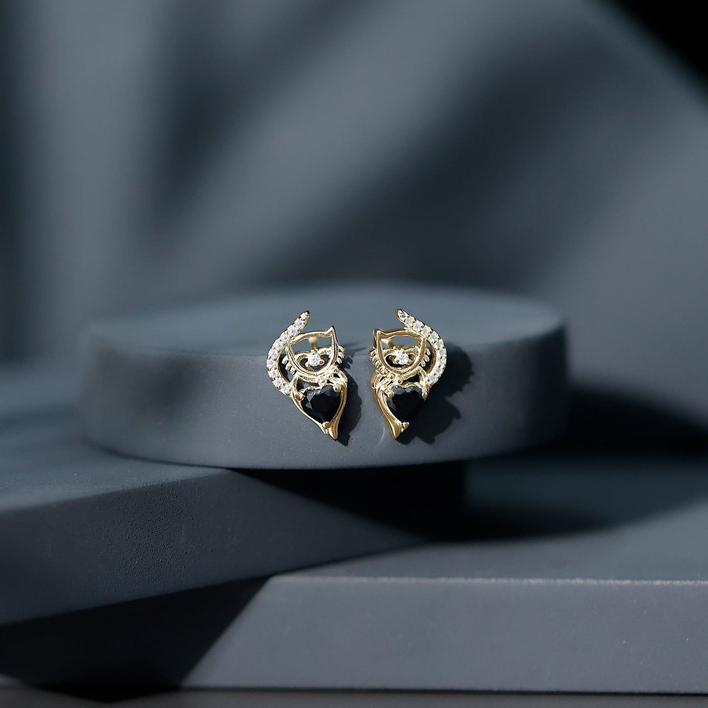 Heart Shape Black Onyx and Diamond Cat Stud Earrings